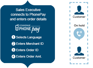 Sales Executive
connects to PhonePay and enters order details:
1. Selects Language
2. Enters Merchant ID
3. Enters Order ID
4. Enters Order Amt.