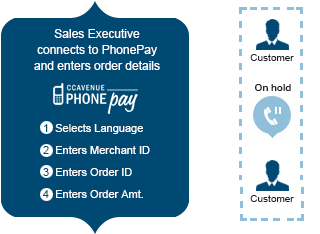 Sales Executive
connects to PhonePay and enters order details:
1. Selects Language
2. Enters Merchant ID
3. Enters Order ID
4. Enters Order Amt.
